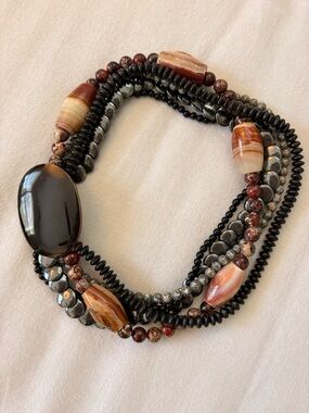 Vintage Onyx, Carnelian, Agate, Hematite Beaded Necklace